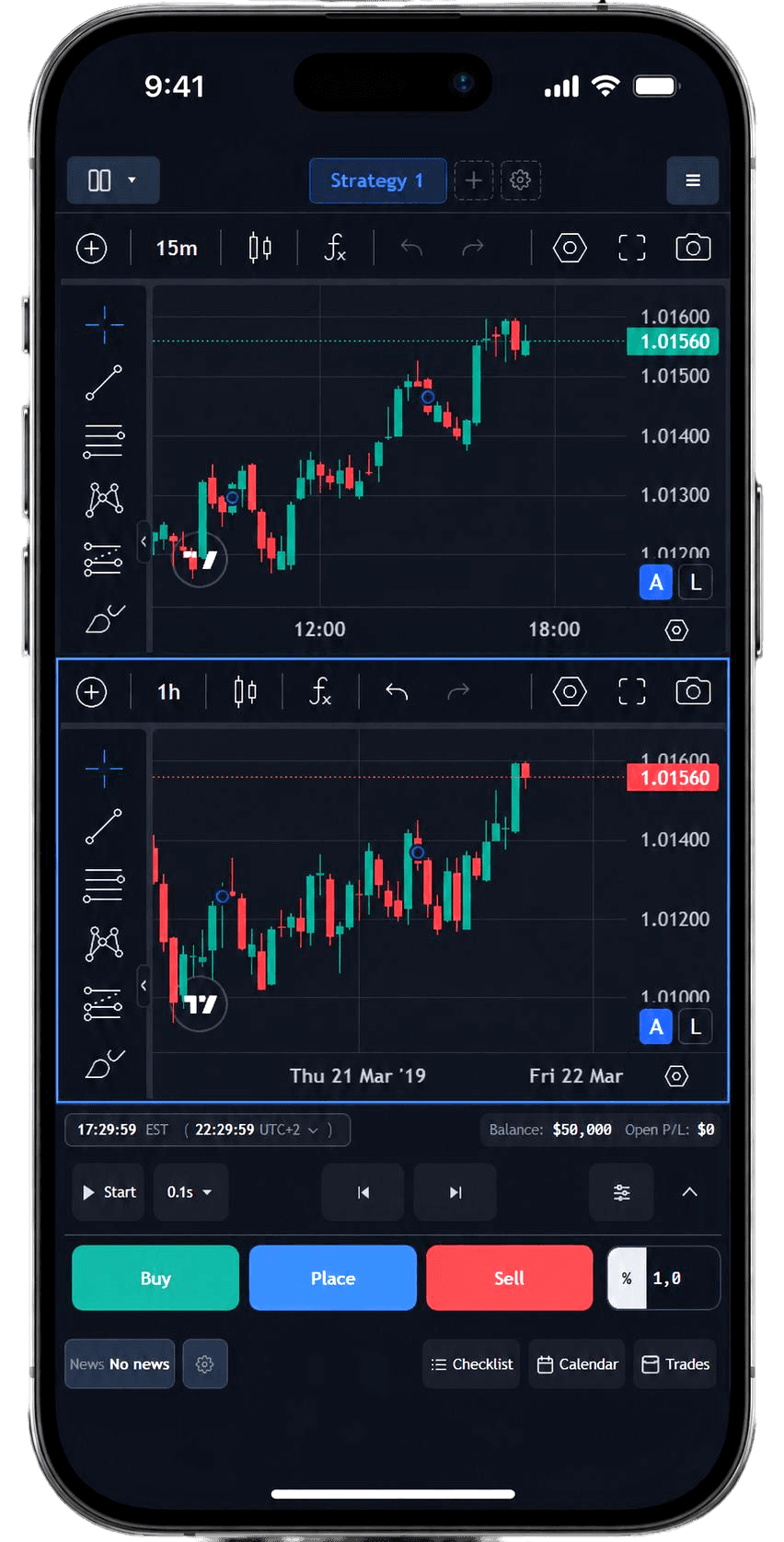 ChartLooper mobile backtesting session with touch-friendly chart and replay controls