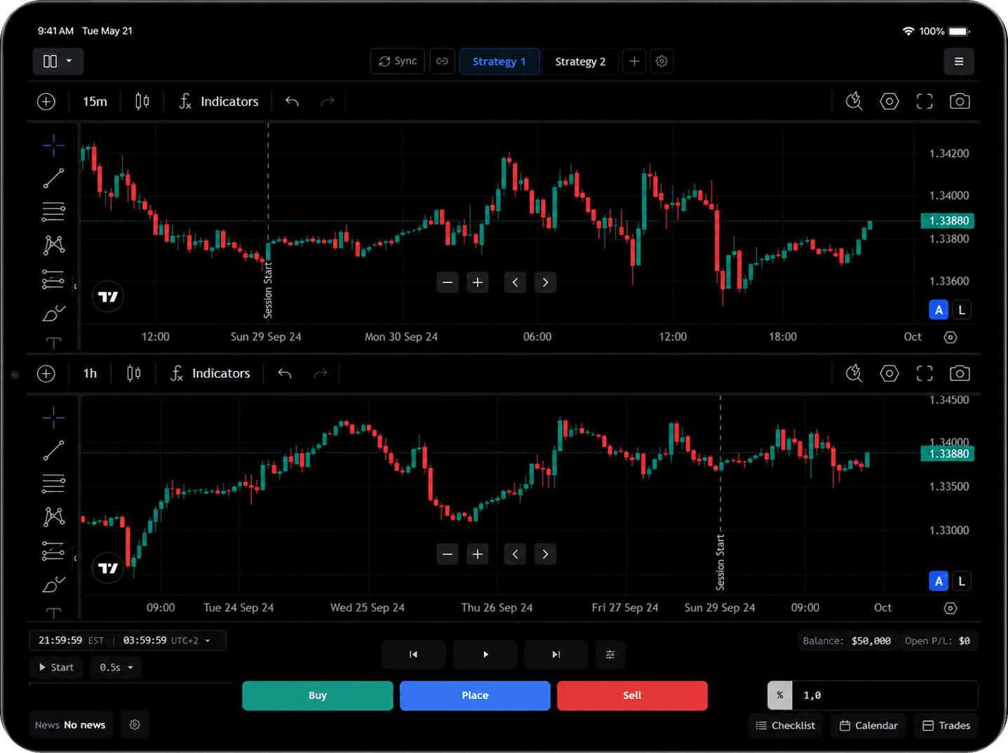 ChartLooper tablet backtesting session with synchronized charts and touch-friendly controls